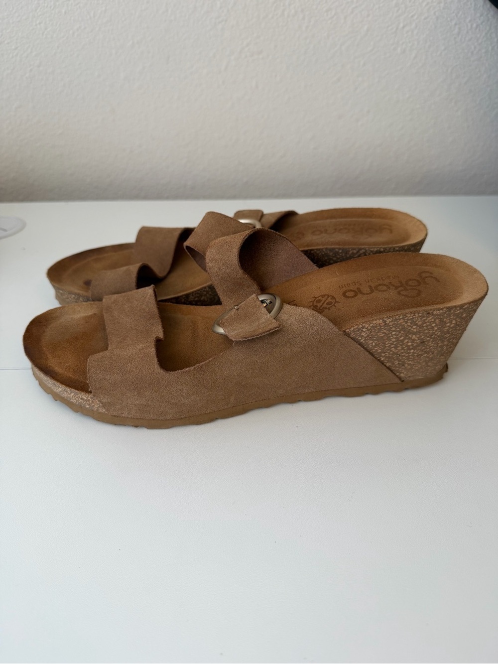 Yokono Wedge Leather Buckle Sandals Women’s Spain Brown 9.5